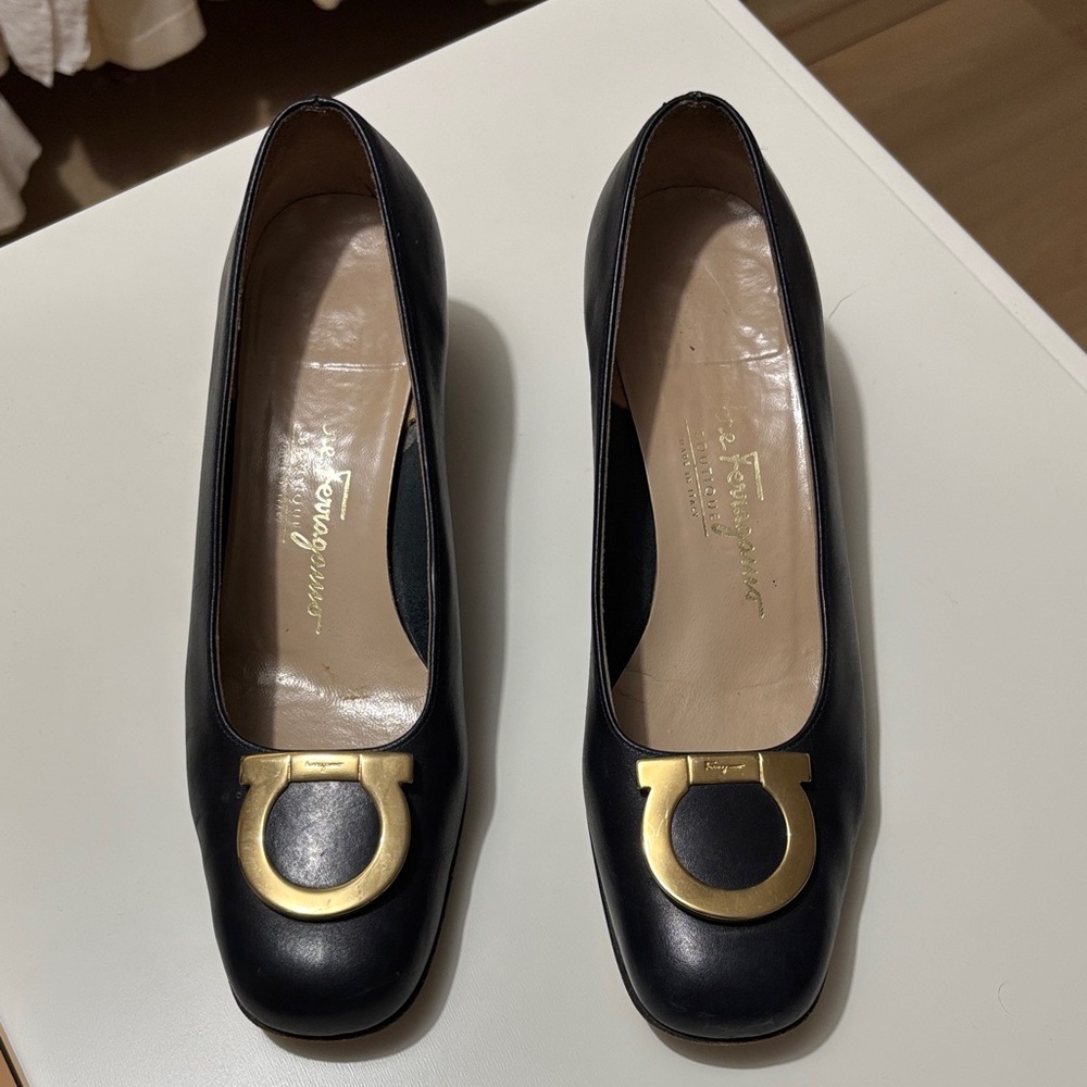 Salvatore Ferragamo Navy Blue Heels with Gold Detail